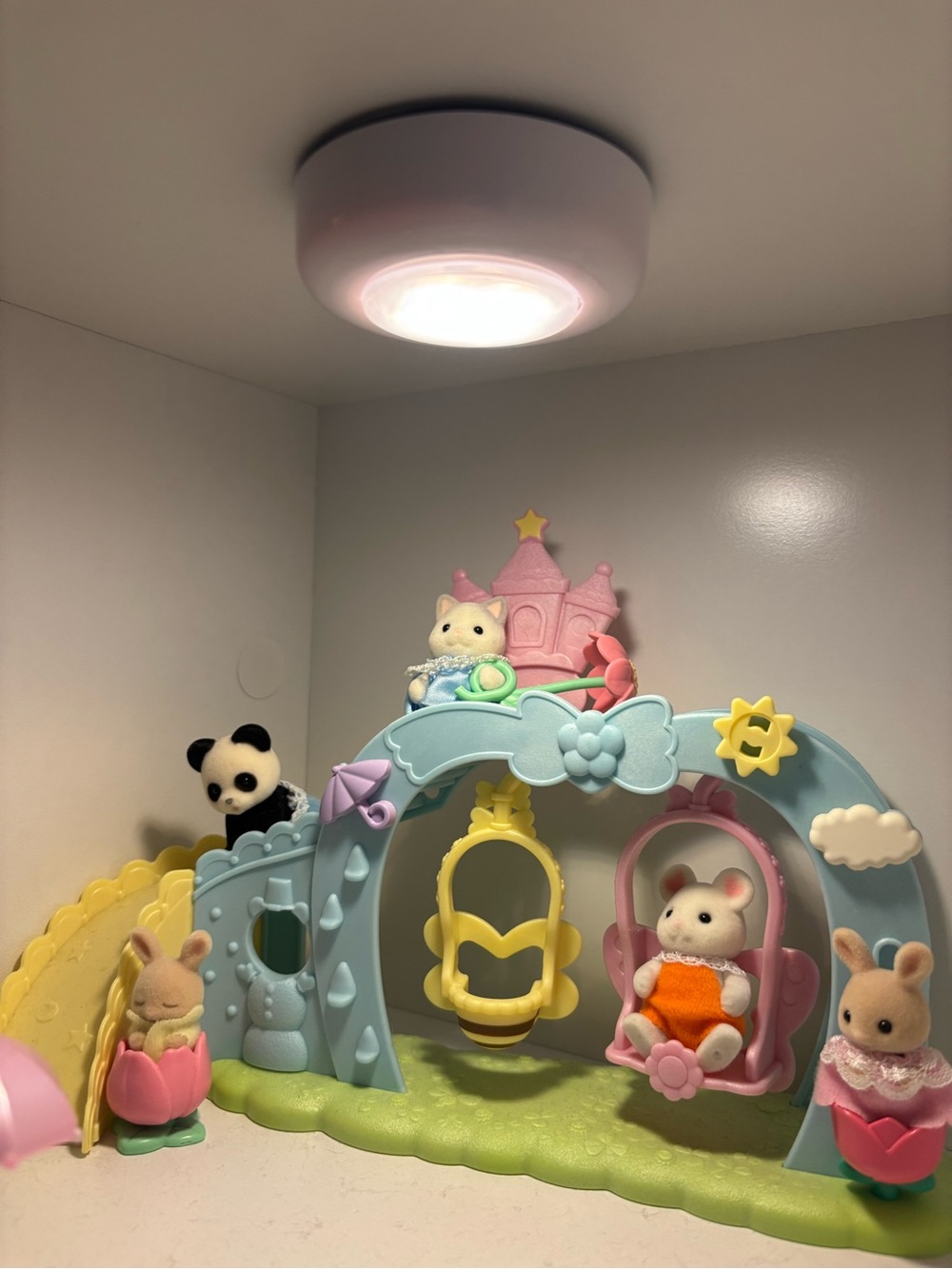 Calico Critters Pastel Playset Swing Park- Blue, Yellow & Pink Kids Toy